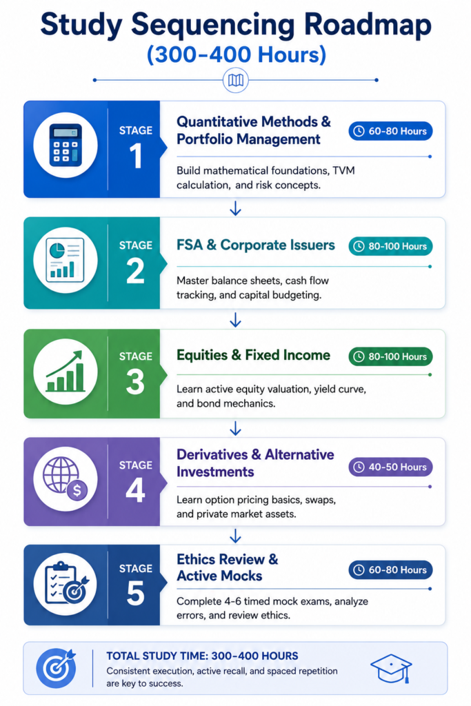CFA study sequencing roadmap showing five preparation stages across 300 to 400 hours