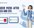 Illustration showing career paths after ACCA and CFA with official qualification logos and a professional character in a modern blue-themed finance design.
