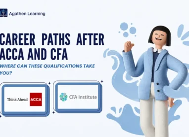 Illustration showing career paths after ACCA and CFA with official qualification logos and a professional character in a modern blue-themed finance design.