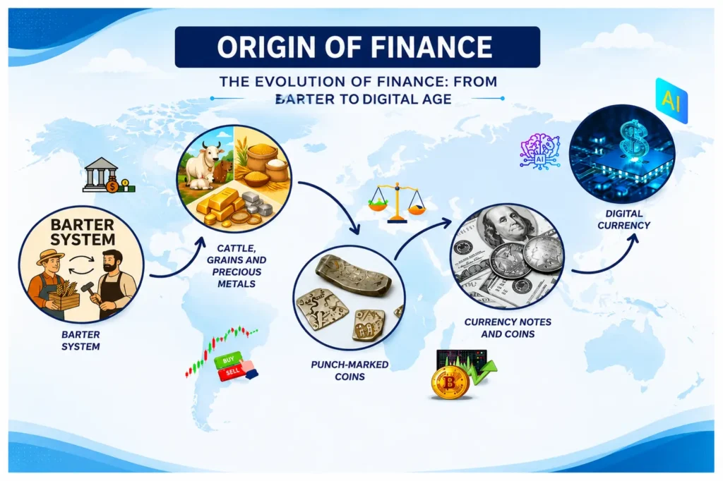 Timeline infographic illustrating the evolution of finance from the barter system and precious metals to banking, currency, digital finance, and fintech.