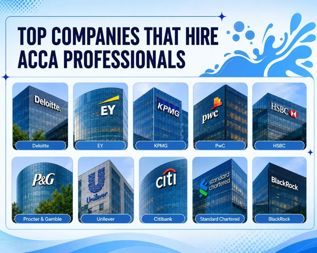 Infographic featuring leading global companies that hire ACCA professionals, including Deloitte, EY, KPMG, PwC, HSBC, Unilever, BlackRock, Citibank, and Procter & Gamble.